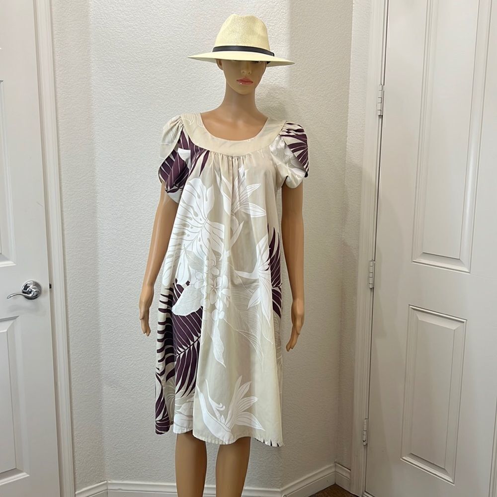 Y Not Hawaii Large Dress Scoop Neck Palm Leaf Plumeria Flowers One Pocket Midi